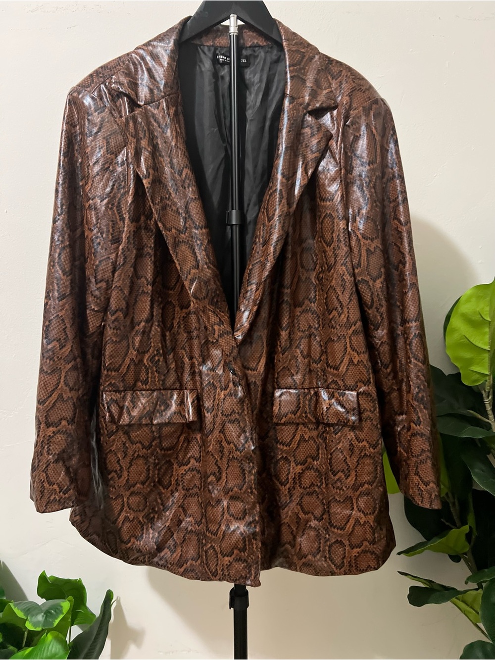 SHEIN Curve 2XL Brown Snakeskin Faux Leather Blazer Y2K Animal Print Fall